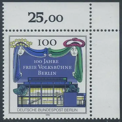 BERLIN 1990 Michel-Nummer 866 postfrisch EINZELMARKE ECKRAND oben rechts - 100 Jahre Freie Volksbühne Berlin