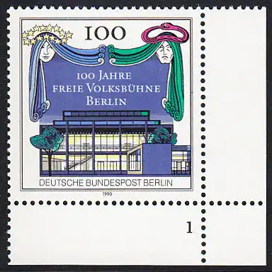 BERLIN 1990 Michel-Nummer 866 postfrisch EINZELMARKE ECKRAND unten rechts (FN/a) - 100 Jahre Freie Volksbühne Berlin