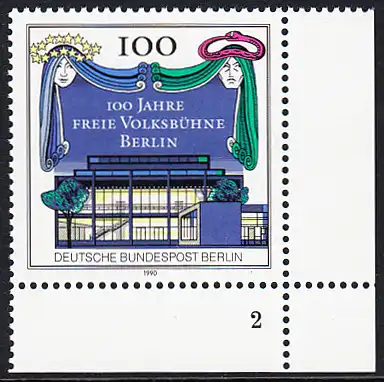 BERLIN 1990 Michel-Nummer 866 postfrisch EINZELMARKE ECKRAND unten rechts (FN/b) - 100 Jahre Freie Volksbühne Berlin