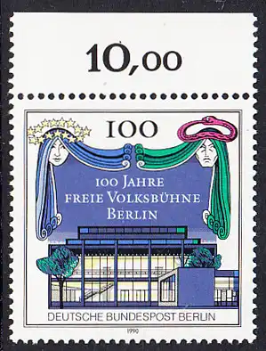 BERLIN 1990 Michel-Nummer 866 postfrisch EINZELMARKE RAND oben (a) - 100 Jahre Freie Volksbühne Berlin