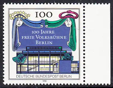 BERLIN 1990 Michel-Nummer 866 postfrisch EINZELMARKE RAND rechts - 100 Jahre Freie Volksbühne Berlin