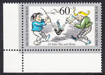 BERLIN 1990 Michel-Nummer 868 postfrisch EINZELMARKE ECKRAND unten links - 125 Jahre Max und Moritz