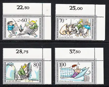 BERLIN 1990 Michel-Nummer 868-871 postfrisch SATZ(4) EINZELMARKEN ECKRÄNDER oben rechts - 125 Jahre Max und Moritz