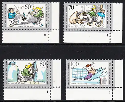 BERLIN 1990 Michel-Nummer 868-871 postfrisch SATZ(4) EINZELMARKEN ECKRÄNDER unten rechts (FN) - 125 Jahre Max und Moritz