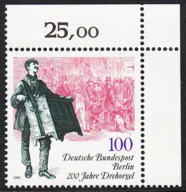BERLIN 1990 Michel-Nummer 872 postfrisch EINZELMARKE ECKRAND oben rechts - 200 Jahre Drehorgel