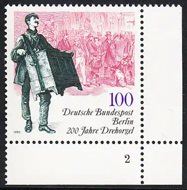 BERLIN 1990 Michel-Nummer 872 postfrisch EINZELMARKE ECKRAND unten rechts (FN) - 200 Jahre Drehorgel