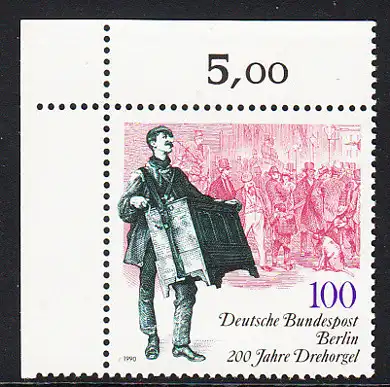 BERLIN 1990 Michel-Nummer 872 postfrisch EINZELMARKE ECKRAND oben links - 200 Jahre Drehorgel