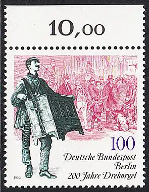BERLIN 1990 Michel-Nummer 872 postfrisch EINZELMARKE RAND oben (a) - 200 Jahre Drehorgel