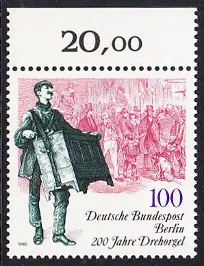 BERLIN 1990 Michel-Nummer 872 postfrisch EINZELMARKE RAND oben (b) - 200 Jahre Drehorgel