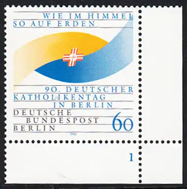 BERLIN 1990 Michel-Nummer 873 postfrisch EINZELMARKE ECKRAND unten rechts (FN) - Deutscher Katholikentag, Berlin