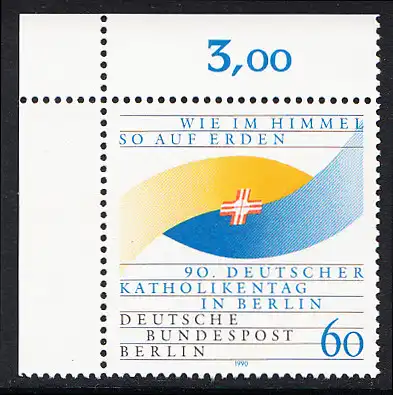 BERLIN 1990 Michel-Nummer 873 postfrisch EINZELMARKE ECKRAND oben links - Deutscher Katholikentag, Berlin
