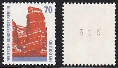 BERLIN 1990 Michel-Nummer 874 postfrisch EINZELMARKE m/ rücks.Rollennummer 315 - Sehenswürdigkeiten: Helgoland