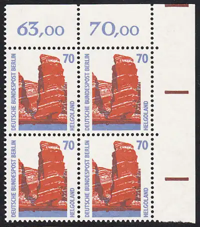 BERLIN 1990 Michel-Nummer 874 postfrisch BLOCK ECKRAND oben rechts - Sehenswürdigkeiten: Helgoland