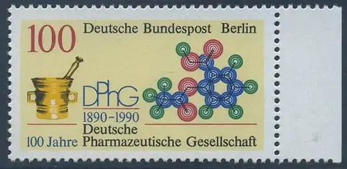 BERLIN 1990 Michel-Nummer 875 postfrisch EINZELMARKE RAND rechts - Deutsche Pharmazeutische Gesellscbaft (DPhG)