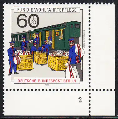 BERLIN 1990 Michel-Nummer 876 postfrisch EINZELMARKE ECKRAND unten rechts (FN) - Geschichte der Post und Telekommunikation: Bahnpost