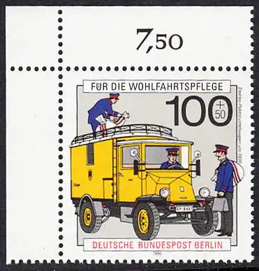 BERLIN 1990 Michel-Nummer 878 postfrisch EINZELMARKE ECKRAND oben links - Geschichte der Post und Telekommunikation: Elektro-Paketzustellwagen