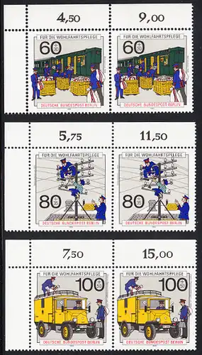 BERLIN 1990 Michel-Nummer 876-878 postfrisch SATZ(3) horiz.PAARE ECKRÄNDER oben links - Geschichte der Post und Telekommunikation