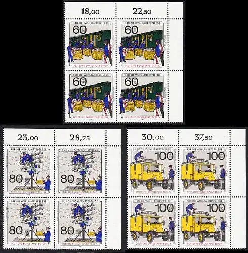 BERLIN 1990 Michel-Nummer 876-878 postfrisch SATZ(3) BLÖCKE ECKRAND oben rechts - Geschichte der Post und Telekommunikation