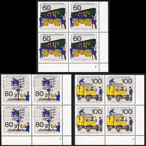 BERLIN 1990 Michel-Nummer 876-878 postfrisch SATZ(3) BLÖCKE ECKRAND unten rechts (FN) - Geschichte der Post und Telekommunikation
