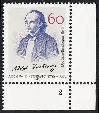 BERLIN 1990 Michel-Nummer 879 postfrisch EINZELMARKE ECKRAND unten rechts (FN) - Adolph Dieseterweg, Pädagoge