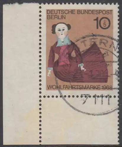 BERLIN 1968 Michel-Nummer 322 gestempelt EINZELMARKE ECKRAND unten links (a)