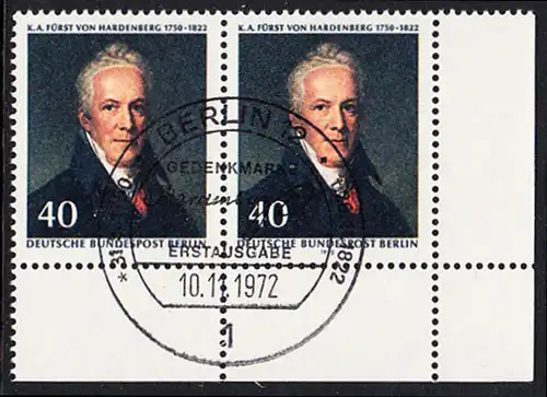 BERLIN 1972 Michel-Nummer 440 gestempelt horiz.PAAR ECKRAND unten rechts (a)