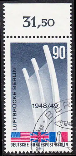 BERLIN 1974 Michel-Nummer 466 gestempelt EINZELMARKE RAND oben (c)