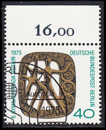 BERLIN 1975 Michel-Nummer 493 gestempelt EINZELMARKE RAND oben (e)