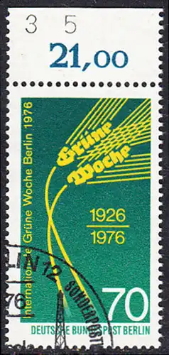 BERLIN 1976 Michel-Nummer 516 gestempelt EINZELMARKE RAND oben (e)