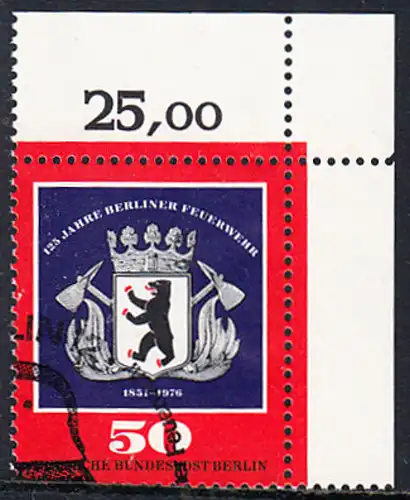 BERLIN 1976 Michel-Nummer 523 gestempelt EINZELMARKE ECKRAND oben rechts (c)