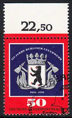BERLIN 1976 Michel-Nummer 523 gestempelt EINZELMARKE RAND oben (f)