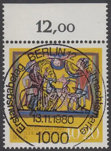 BERLIN 1980 Michel-Nummer 633 gestempelt EINZELMARKE RAND oben (b)