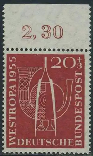BUND 1955 Michel-Nummer 0218 postfrisch EINZELMARKE RAND oben