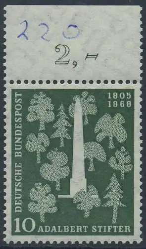 BUND 1955 Michel-Nummer 0220 postfrisch EINZELMARKE RAND oben