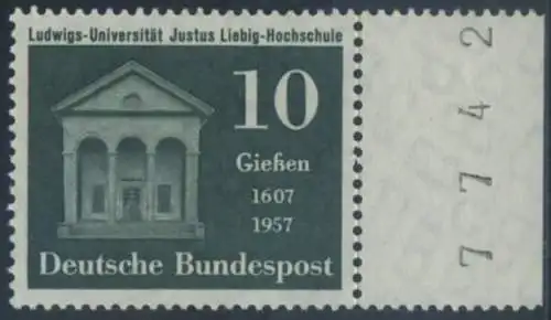 BUND 1957 Michel-Nummer 0258 postfrisch EINZELMARKE RAND rechts (BZ)