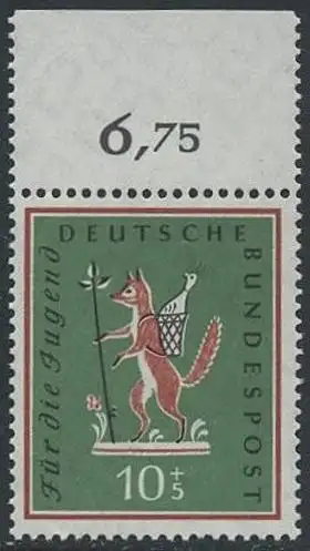 BUND 1958 Michel-Nummer 0286 postfrisch EINZELMARKE RAND oben