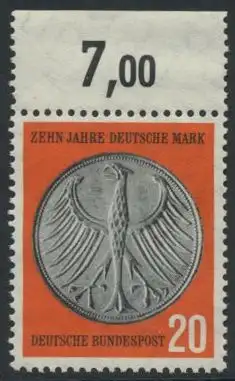 BUND 1958 Michel-Nummer 0291 postfrisch EINZELMARKE RAND oben (f)