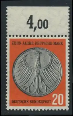 BUND 1958 Michel-Nummer 0291 postfrisch EINZELMARKE RAND oben (c)