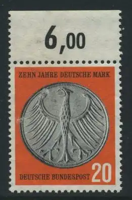 BUND 1958 Michel-Nummer 0291 postfrisch EINZELMARKE RAND oben (e)