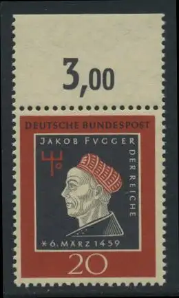 BUND 1959 Michel-Nummer 0307 postfrisch EINZELMARKE RAND oben (b)