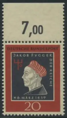 BUND 1959 Michel-Nummer 0307 postfrisch EINZELMARKE RAND oben (f)