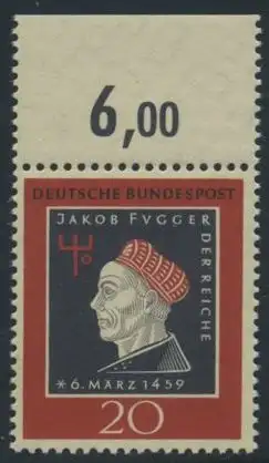 BUND 1959 Michel-Nummer 0307 postfrisch EINZELMARKE RAND oben (e)