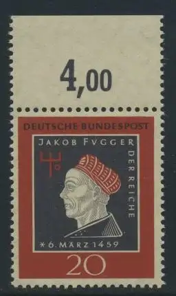 BUND 1959 Michel-Nummer 0307 postfrisch EINZELMARKE RAND oben (c)