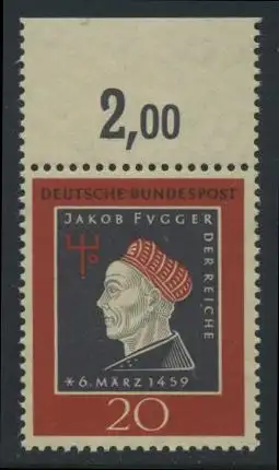 BUND 1959 Michel-Nummer 0307 postfrisch EINZELMARKE RAND oben (a)