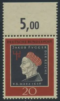 BUND 1959 Michel-Nummer 0307 postfrisch EINZELMARKE RAND oben (d)