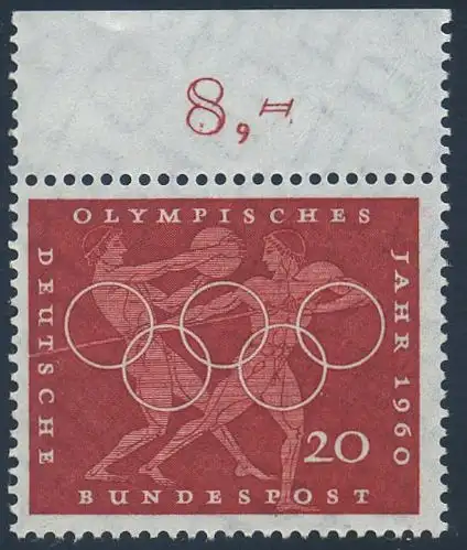 BUND 1960 Michel-Nummer 0334 postfrisch EINZELMARKE RAND oben (b)