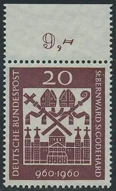 BUND 1960 Michel-Nummer 0336 postfrisch EINZELMARKE RAND oben (b)