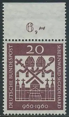 BUND 1960 Michel-Nummer 0336 postfrisch EINZELMARKE RAND oben (d)