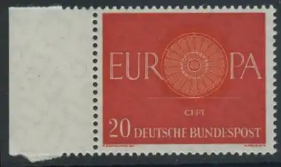BUND 1960 Michel-Nummer 0338 postfrisch EINZELMARKE RAND links