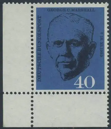 BUND 1960 Michel-Nummer 0344 postfrisch EINZELMARKE ECKRAND unten links